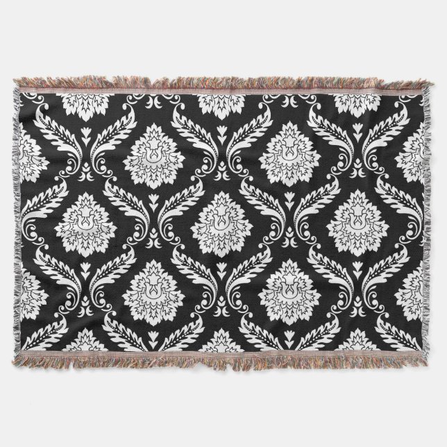 Couverture Damas Rococo Grand Motif Blanc sur Noir (Devant)
