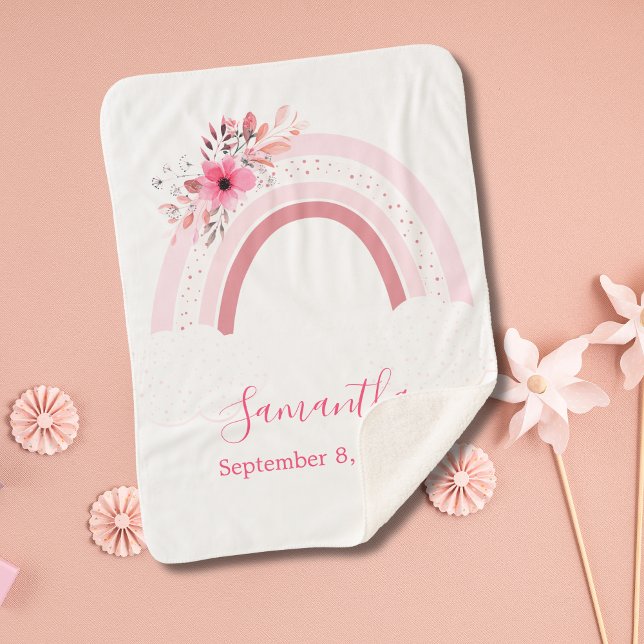 Couverture de bébé sherpa florale rose bohème arc- (Personalized Pink Rainbow Boho Floral Sherpa Baby Blanket. Great gift for the new baby girl.)