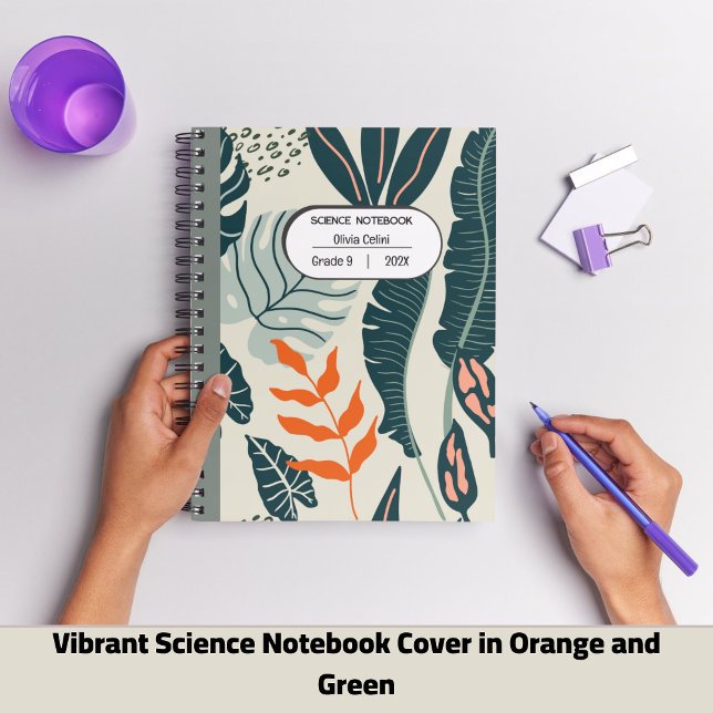 Couverture de cahier de sciences vibrante en orang (Vibrant Science Notebook Cover in Orange and Green Simple Floral Style)