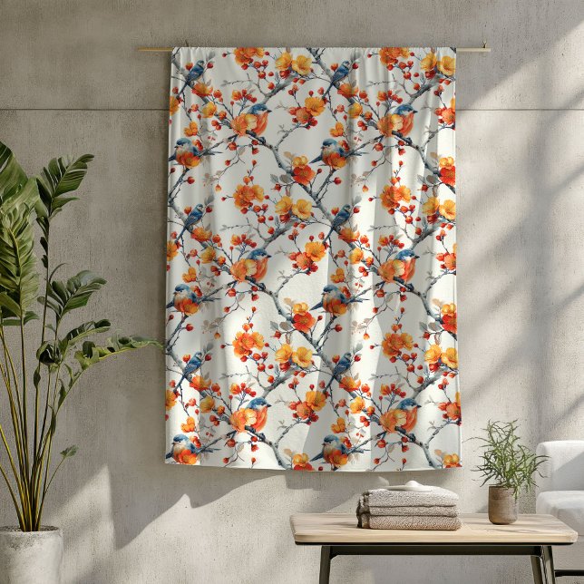 Couverture de fleurs d'automne avec des oiseaux co (Fall Flowers Blanket with Colorful Birds in Flight)