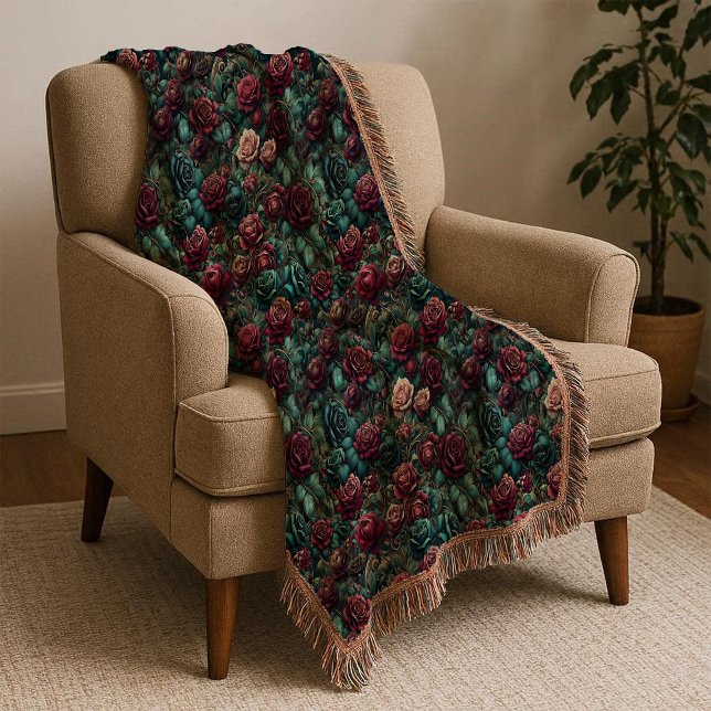 Couverture de jet Art Nouveau rose sarcelle maxima (Art Nouveau Rose Teal Maximalist Throw Blanket)