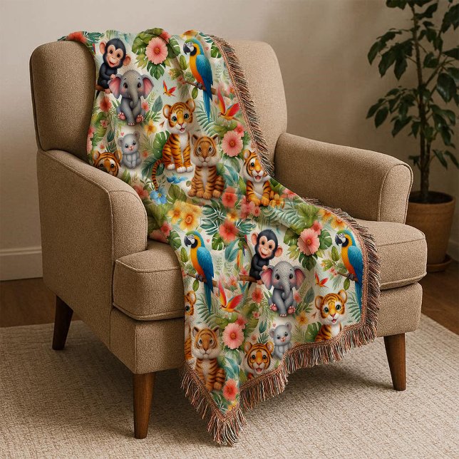 Couverture de jet bébé animaux de la jungle tropic (Baby Jungle Animals Tropical Kids Throw Blanket)