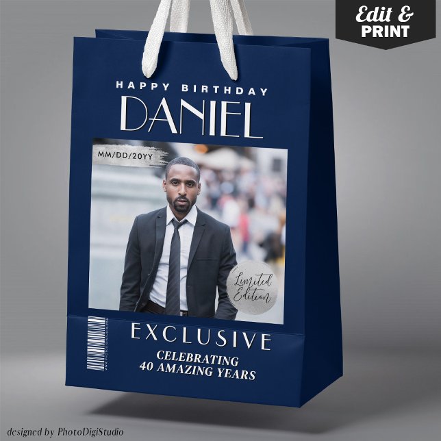Couverture de magazine personnalisée Sac cadeau d' (Custom Magazine Cover Modern Birthday Gift Bag Navy Blue Silver Gift Bag and Favor Bag)