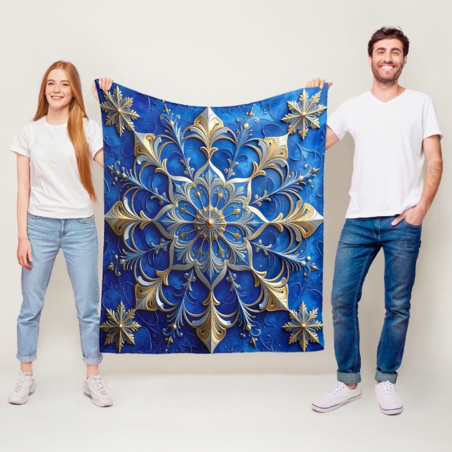 Couverture décorative en laine polaire bleue et or (En situation)