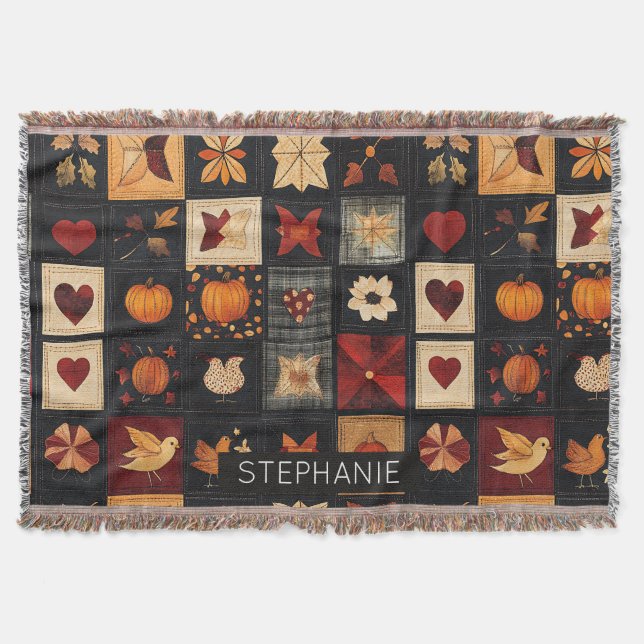 Couverture Denim Folk Art Quilt Motif | Patch d'automne rusti (Devant)