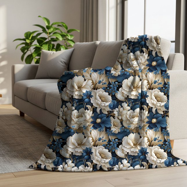 Couverture Douce Sherpa Fleurie Ivoire Blanc Bleu  (Opulent Blue White Ivory Floral Soft Sherpa Blanket)