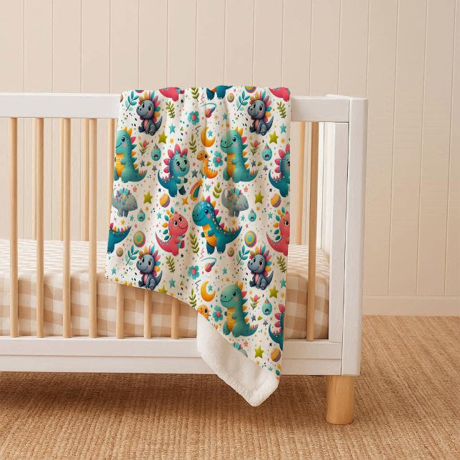 Couverture Douillette Sherpa Dino Bébé Dinosaure M (Cute Baby Dinosaur Teal Cozy Dino Sherpa Blanket)