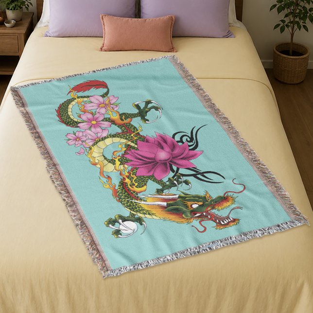 Couverture Dragon Chinois Vert Gras Tatouage Lotus Sarcelle (Créateur téléchargé)