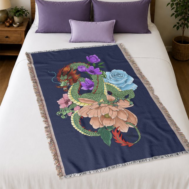 Couverture Dragon Chinois Vert Mystique Floral Bleu Marine (Créateur téléchargé)