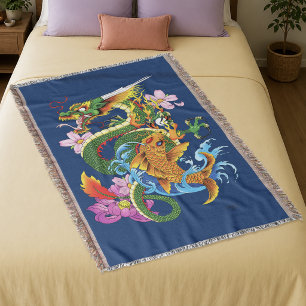 Couverture Dragon Japonais Koi Lotus Mythique Asien Bleu