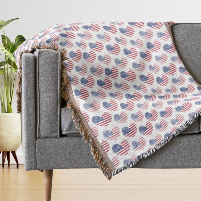Couverture Drapeau américain rouge blanc bleu patriotique (Cute Patriotic American Flag Rustic Heart Pattern Throw Blanket)