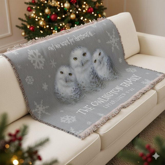 Couverture Drôle Chouette que nous voulons pour Noël ... Chou (Trio of Snowy Owls Owl We Want for Christmas Throw Blanket Cover Photo)