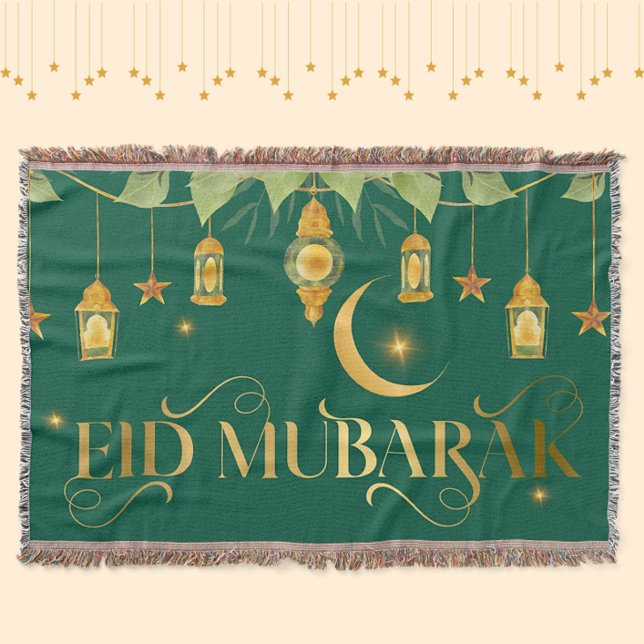 Couverture Eid Moubarak Élégant Vert Lanterne Or Étoiles Lune (An elegant, modern "Eid Mubarak throw blanket in green + gold.)