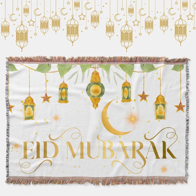 Couverture Eid Moubarak Élégante Lune blanche en or Stars (This cozy white + gold "Eid Mubarak" throw blanket makes a great addition to your festive Eid décor!)