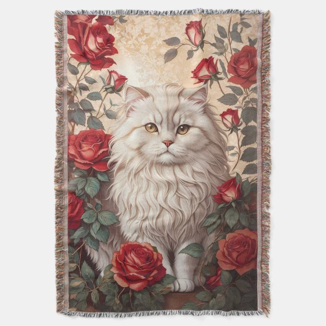 Couverture Élégant Chat Perse Vintage Avec Rose (devant Vertical)