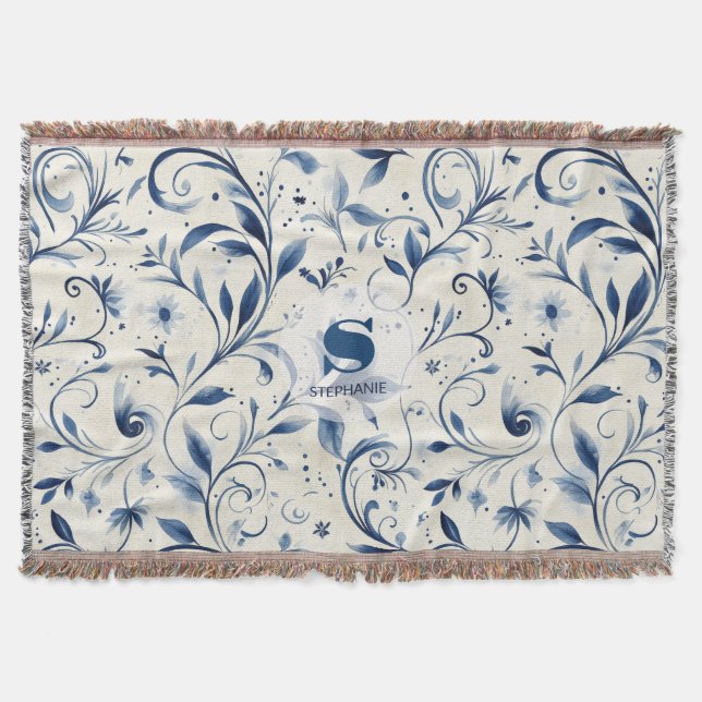 Couverture Élégant Feuilles Blue Paisley - Arrière - plan bla (Devant)