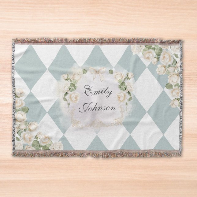 Couverture Elegant Monogram White Roses Green Leaves Diamond (In situ)