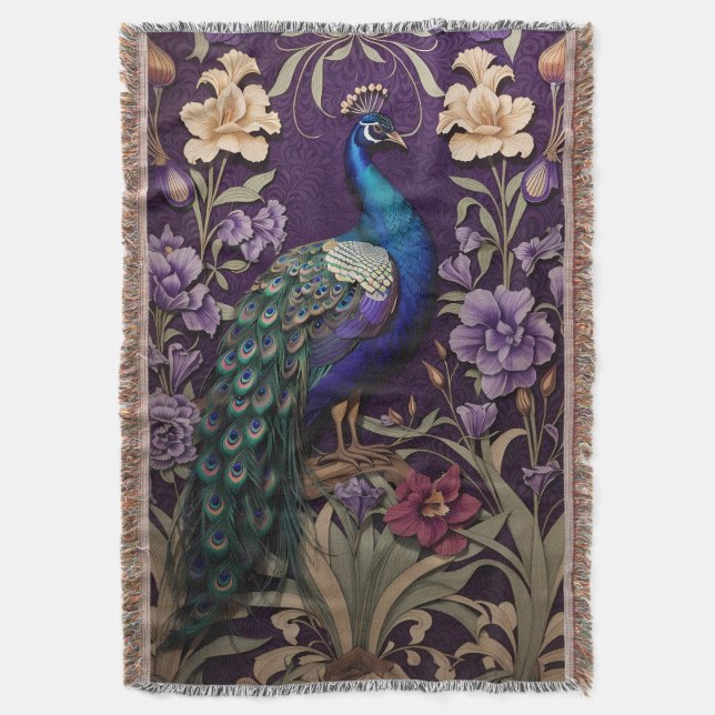 Couverture Elégant Peacock Sur Purple William Morris Inspiré (devant Vertical)