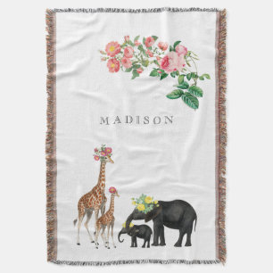 Couverture Eléphant mignon & Giraffe Floral Personnalisé Nom 