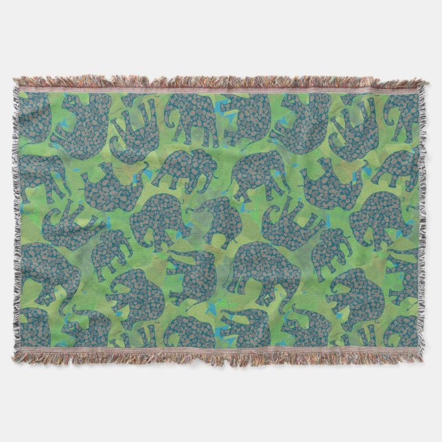Couverture Eléphants de Paisley sur Feuilles verts Jeter la c (Devant)