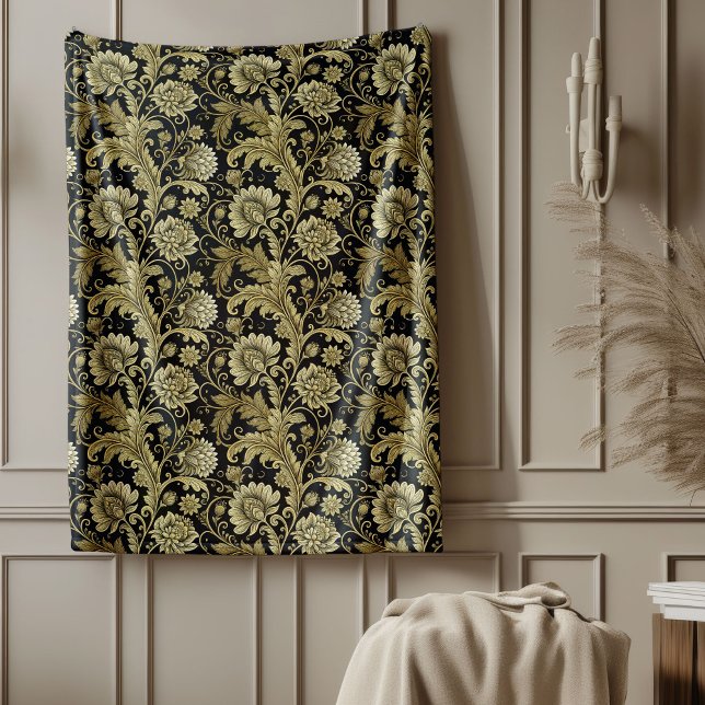 Couverture en damas or baroque dans une élégante t (Baroque Gold Damask Blanket in Elegant Black Hue)