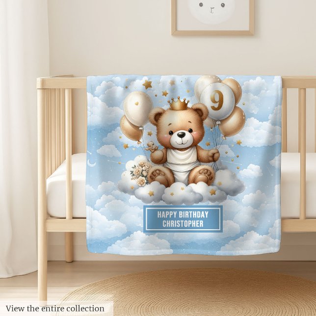 couverture en peluche bleu or personnalisé 9e anni (Blue gold teddy blanket personalized 9th birthday)
