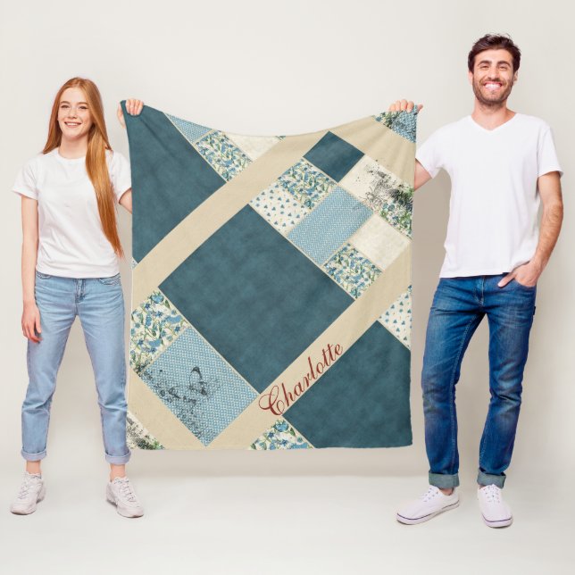 Couverture en polaire en Patchwork Bleu (En situation)