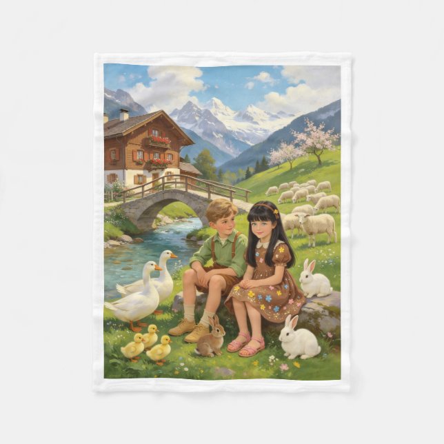 Couverture en polaire Enfants alpins et animaux de (Devant)