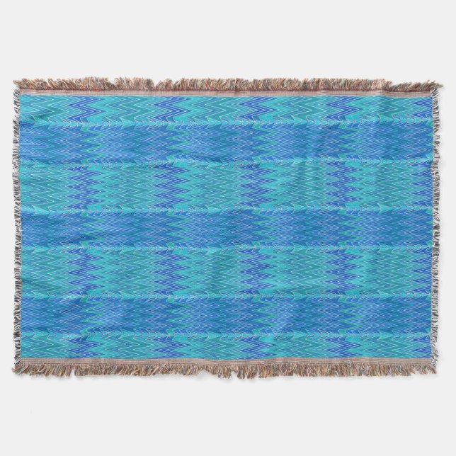 Couverture Ethnique Chevron Damask, Turquoise et Bleu (Devant)