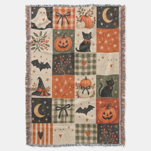 Couverture fantôme et chat patchwork Halloween vin (devant Vertical)