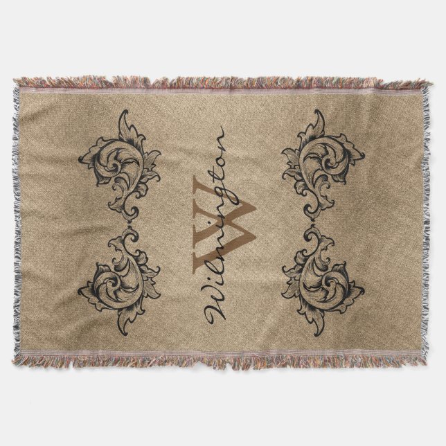 Couverture Faux Burlap, Feuilles noirs à rouleaux - Nom de fa (Devant)