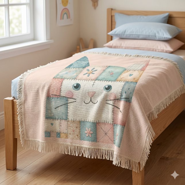 Couverture Faux Patchwork Pastel Cottage Kitty Visage (Faux Patchwork Pastel Cottage Kitty Face Throw Blanket)
