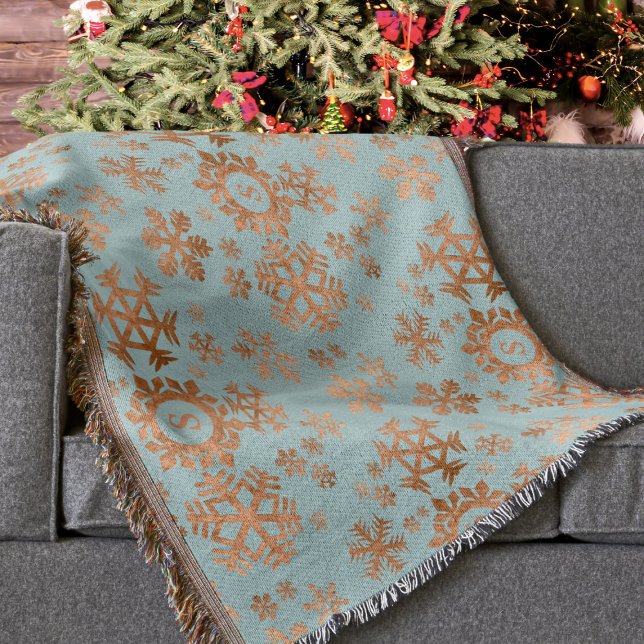 Couverture Festif Flube de neige Monogrammé Cuivre bleu Brown (A lovely copper snowflake pattern on an robin egg blue background. Just add your initial)