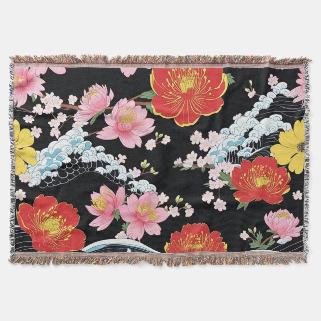 Couverture Fête Japon fleurs de Sakura Seigaiha Moderne Rétro (Devant)