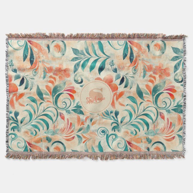 Couverture Feuilles bleus rustiques et motifs floraux rouge-o (Devant)