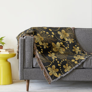Couverture feuilles tropicaux & fleurs motif en or sur noir