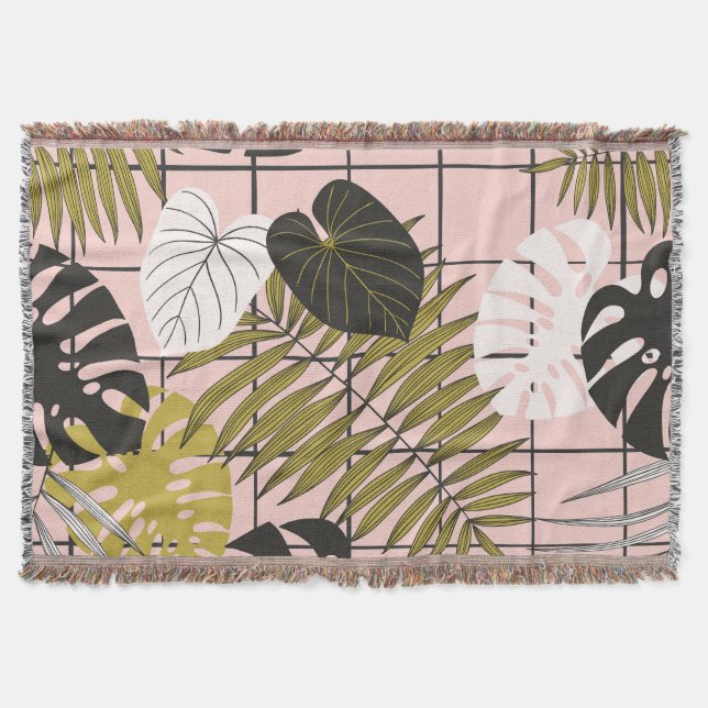 Couverture Feuilles tropicaux, fleurs, motif peint à la main. (Devant)