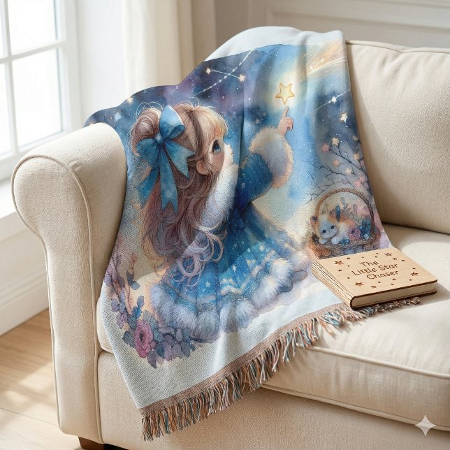 Couverture Fille Rêveuse Observatrice d'Étoiles Aquarelle (Whimsical Star Gazer Girl Watercolor Throw Blanket)