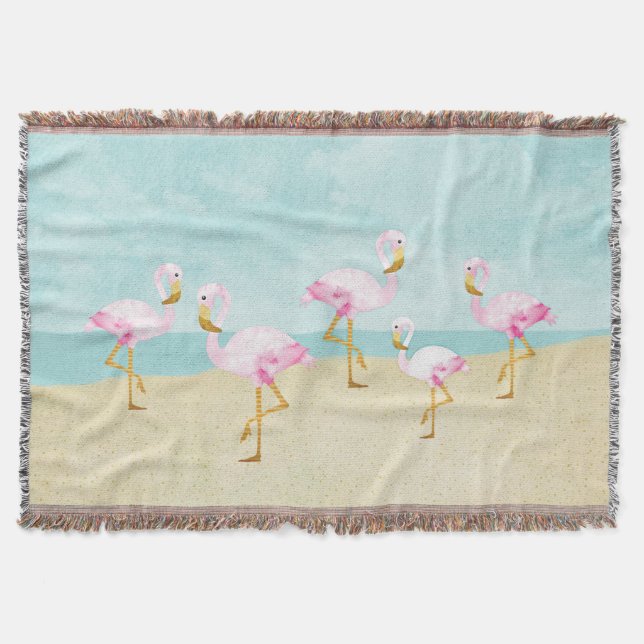 Couverture Flamants roses roses d'aquarelle sur la plage (Devant)