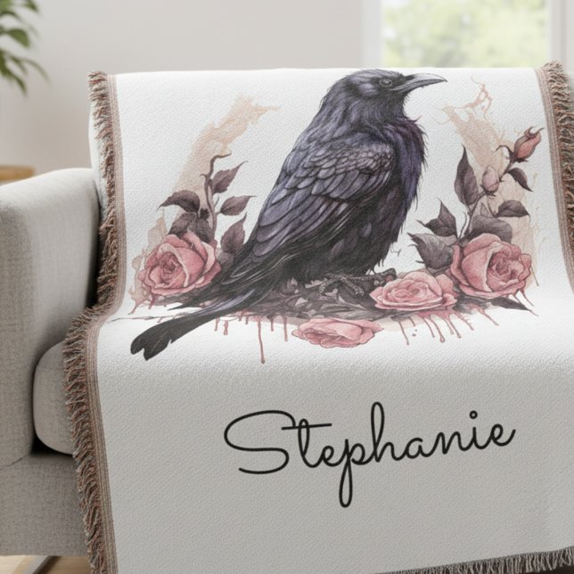 Couverture Fleur de corbeau gothique Académie sombre (Gothic Raven and Roses blanket)