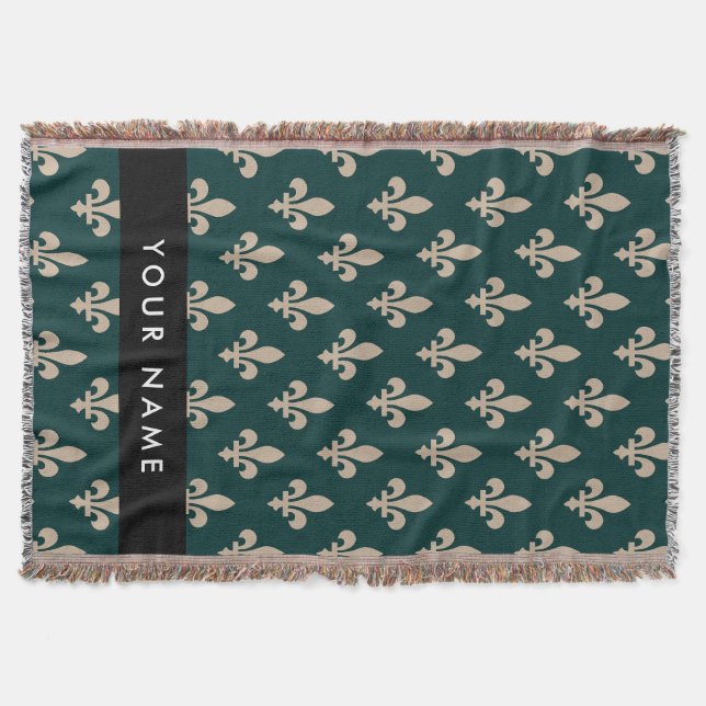 Couverture Fleur de Lis, Beige sur Vert, Royal, Votre Nom (Devant)