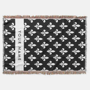 Couverture Fleur de Lis, Blanc sur Noir, Blanc, Votre Nom
