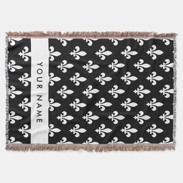 Couverture Fleur de Lis, Blanc sur Noir, Blanc, Votre Nom (Devant)