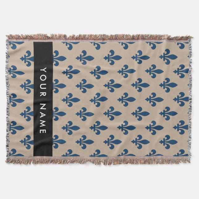 Couverture Fleur de Lis, Bleu Marine sur Beige, Royal, Votre  (Devant)