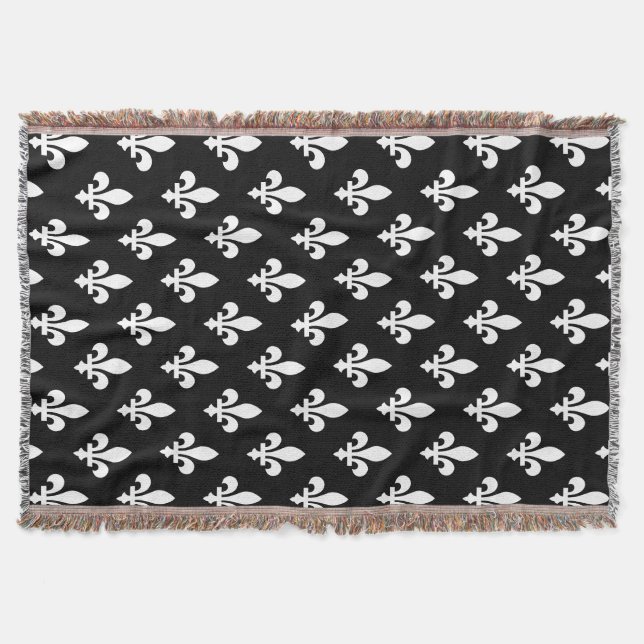 Couverture Fleur de Lis Motif, Royal French, Blanc sur Noir (Devant)