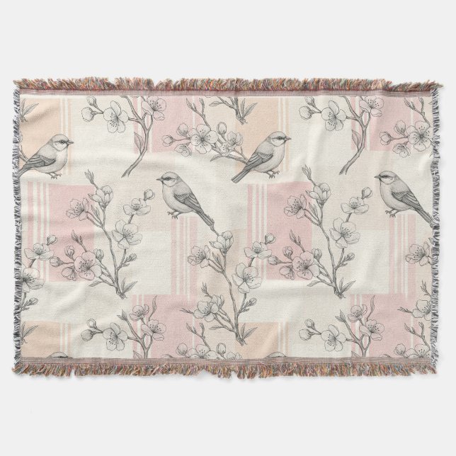 Couverture Fleur de oiseau vintage Toile Rayure (2) (Devant)