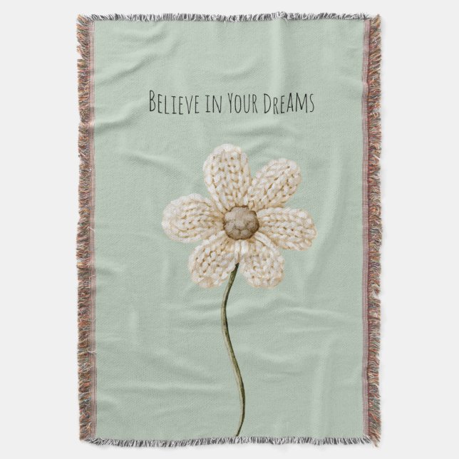 Couverture Fleur en faux tricot vert menthe et crème (devant Vertical)