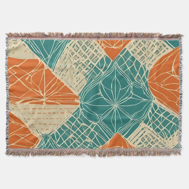 Couverture Fleurs abstraites sarcelle, orange et beige (Devant)