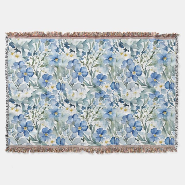 Couverture Fleurs Bleues Blancs Aquarelle Chic (Devant)