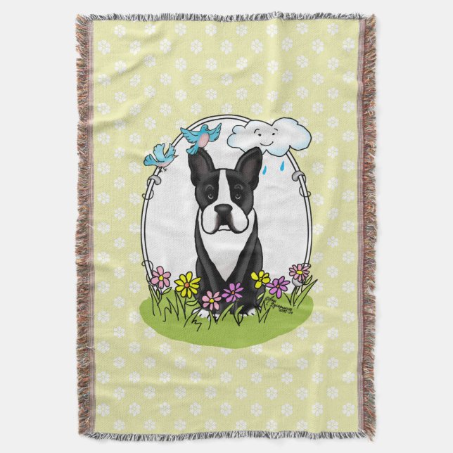 Couverture Fleurs de printemps Boston Terrier Chien (noir) mi (devant Vertical)